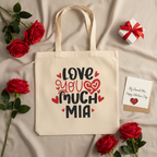 Beige tote bag with red and black “Love you much” print, name MIA