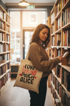 Tan tote bag with “Love you much” heart print and name ALICE