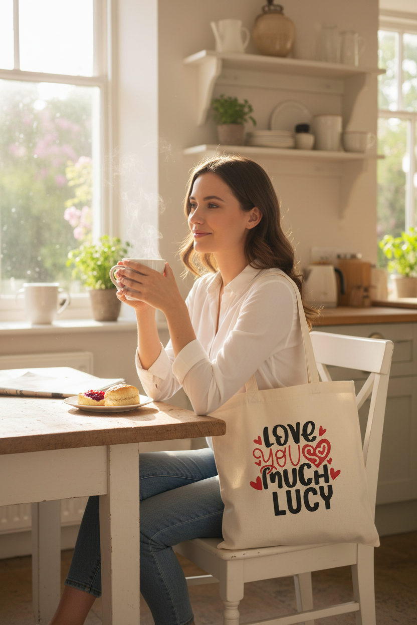White tote bag with “Love you much” heart print, name LUCY