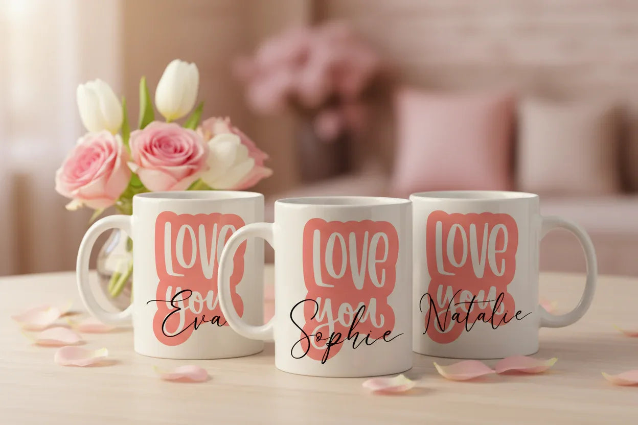 Set of white personalised mugs with 'Love you' and names Eva, Sophie, Natalia