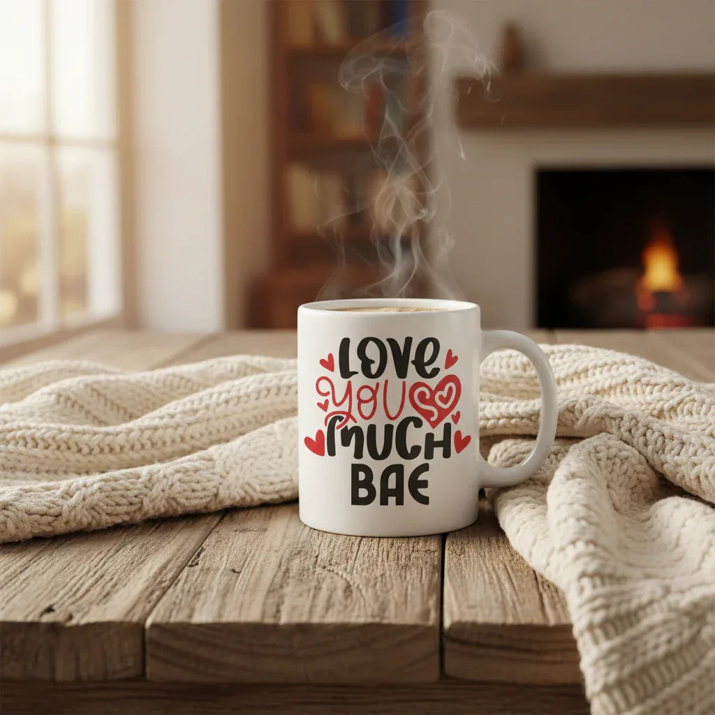 Personalised white mug with 'Love you much' and name BAE, with steam