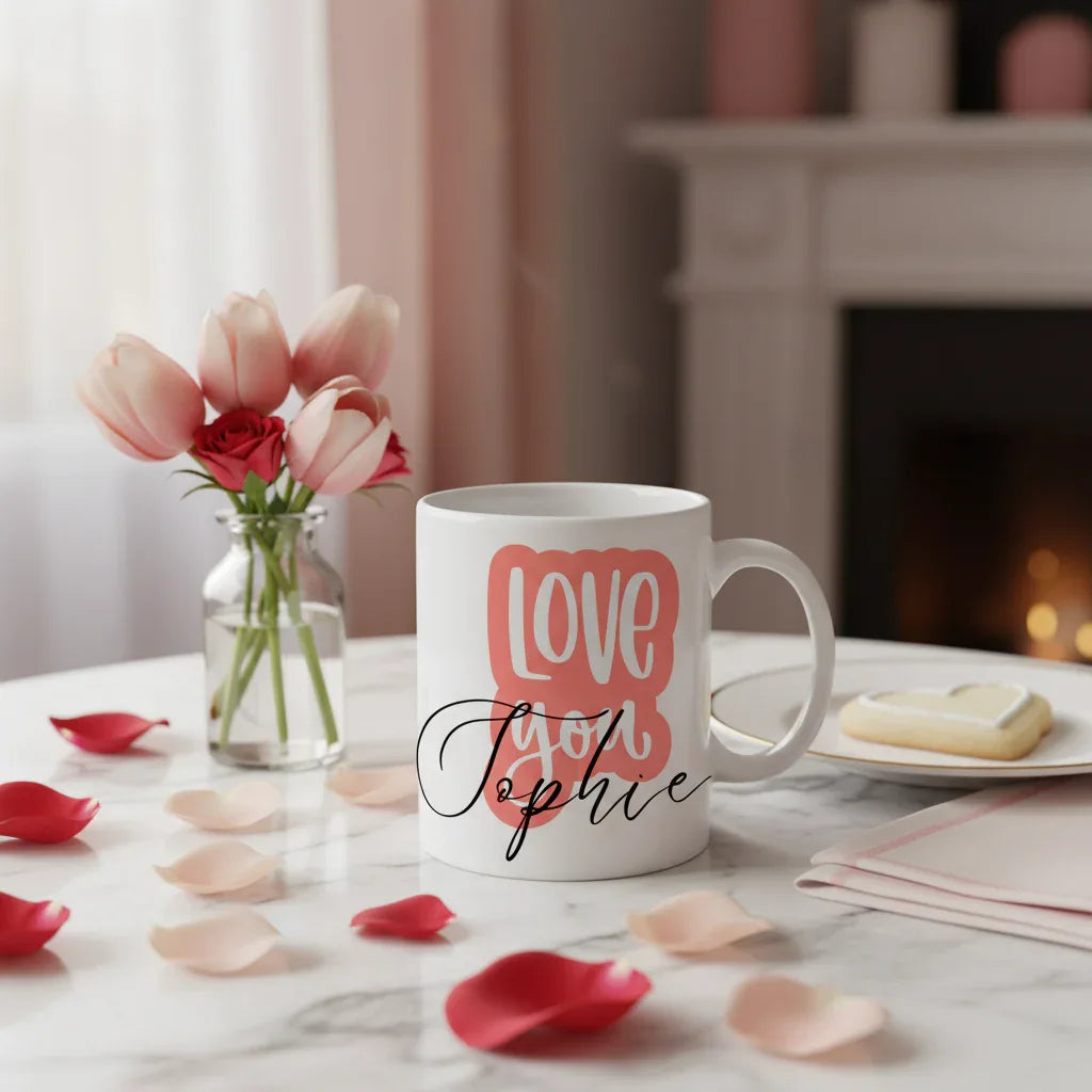 White personalised mug with 'Love you' and name Sophie