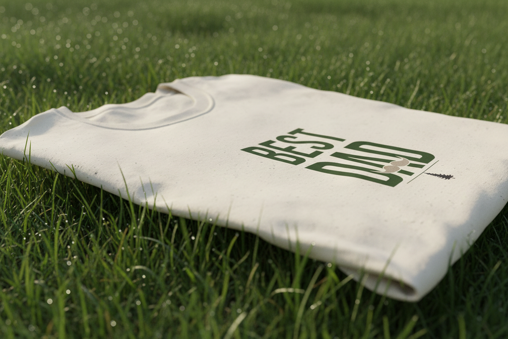 Light beige T-shirt with green "Best Dad" typography on the front