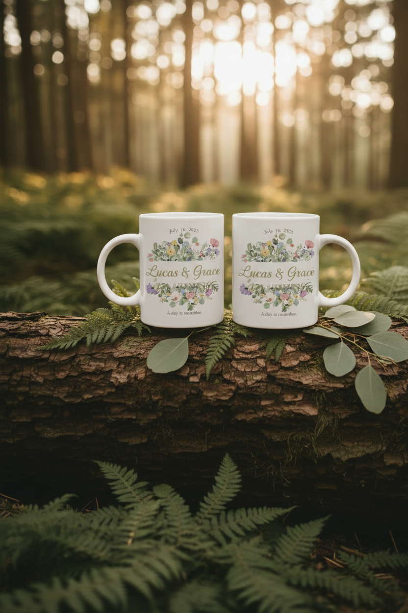 Pair of white mugs with floral wreath, "Lucas & Grace" wedding date text