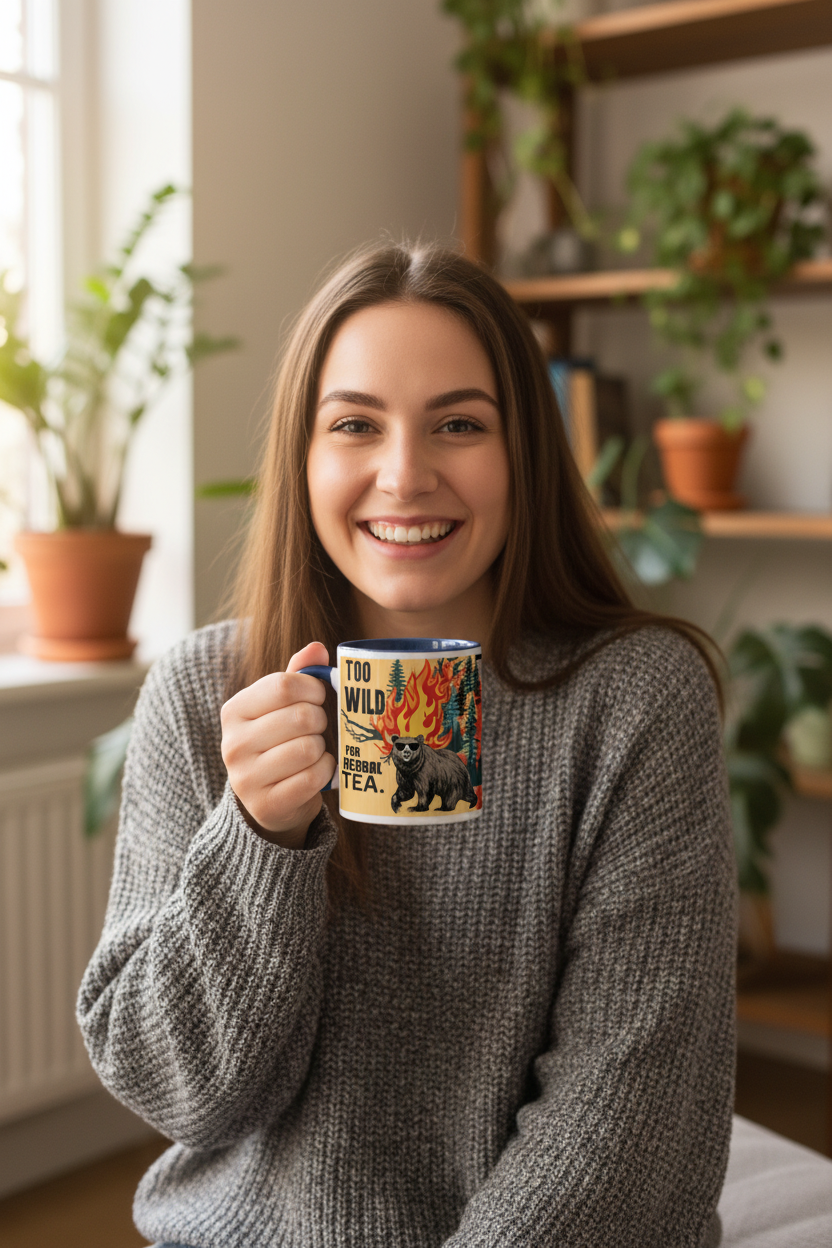 Ceramic tea mug with flaming cat graphic, held in front of chest