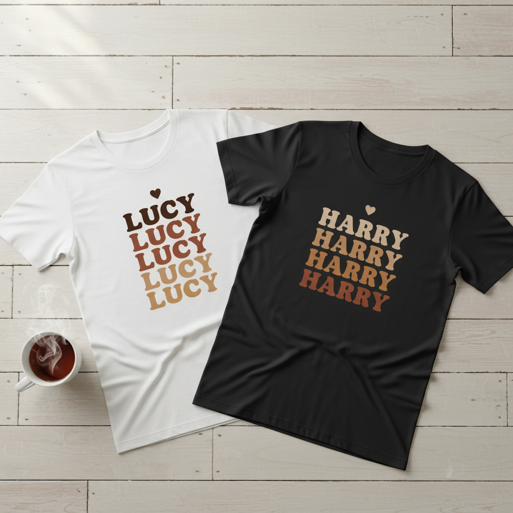 Two T-shirts: white “LUCY” and black “HARRY” ombre text with heart