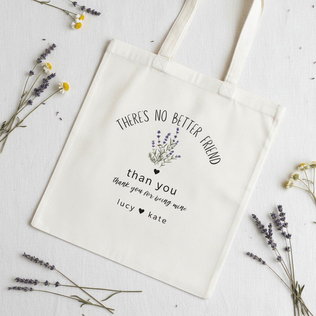 Cream tote bag laid flat with “There’s No Better Friend” and “than you” text