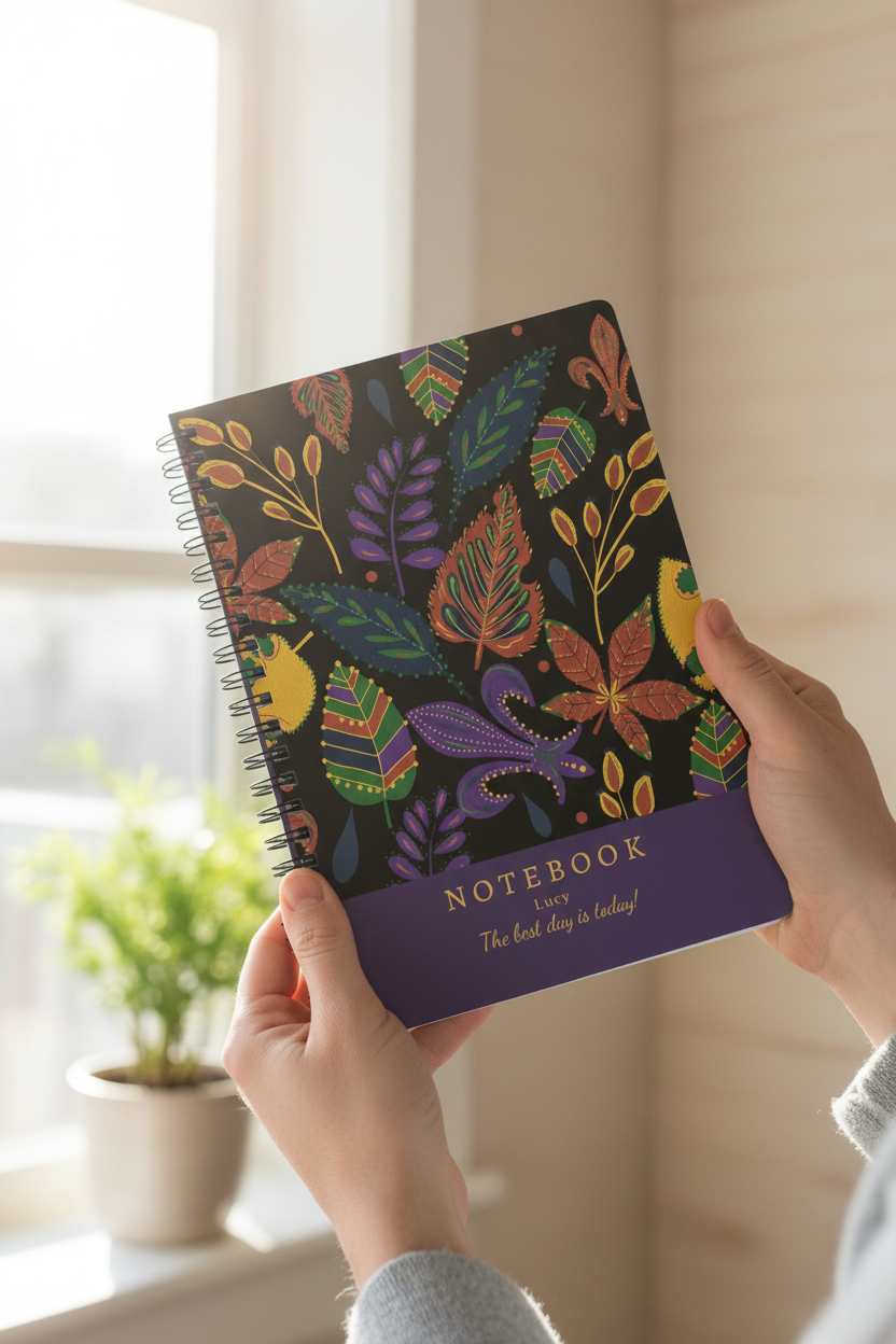 A5 lined spiral notebook with colorful leaf boho cover and gold 'Notebook' title