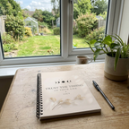 A5 lined notebook with cream cover, moon design, Trust the Timing of Your Life—LUCY
