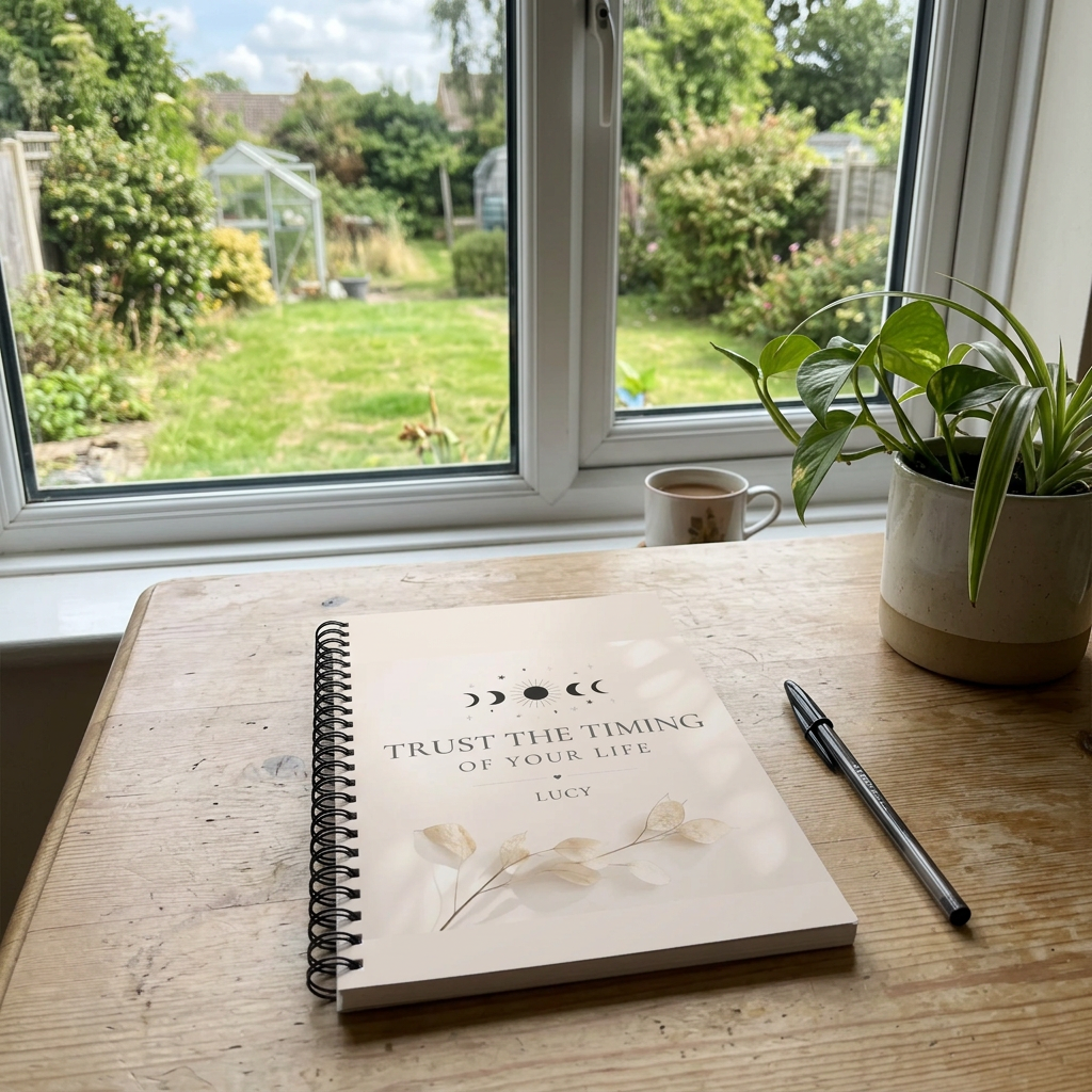 A5 lined notebook with cream cover, moon design, Trust the Timing of Your Life—LUCY