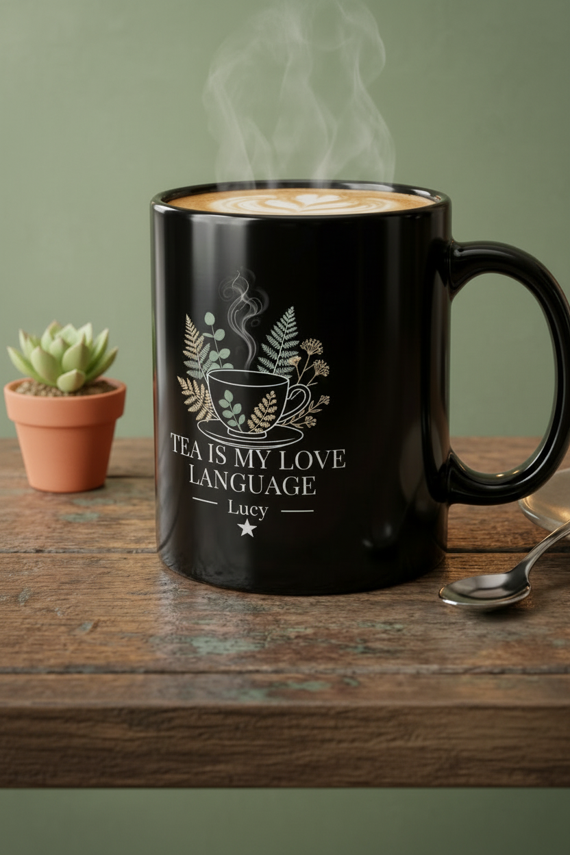 Black personalised tea mug with steam; 'Tea Is My Love Language'—Lucy