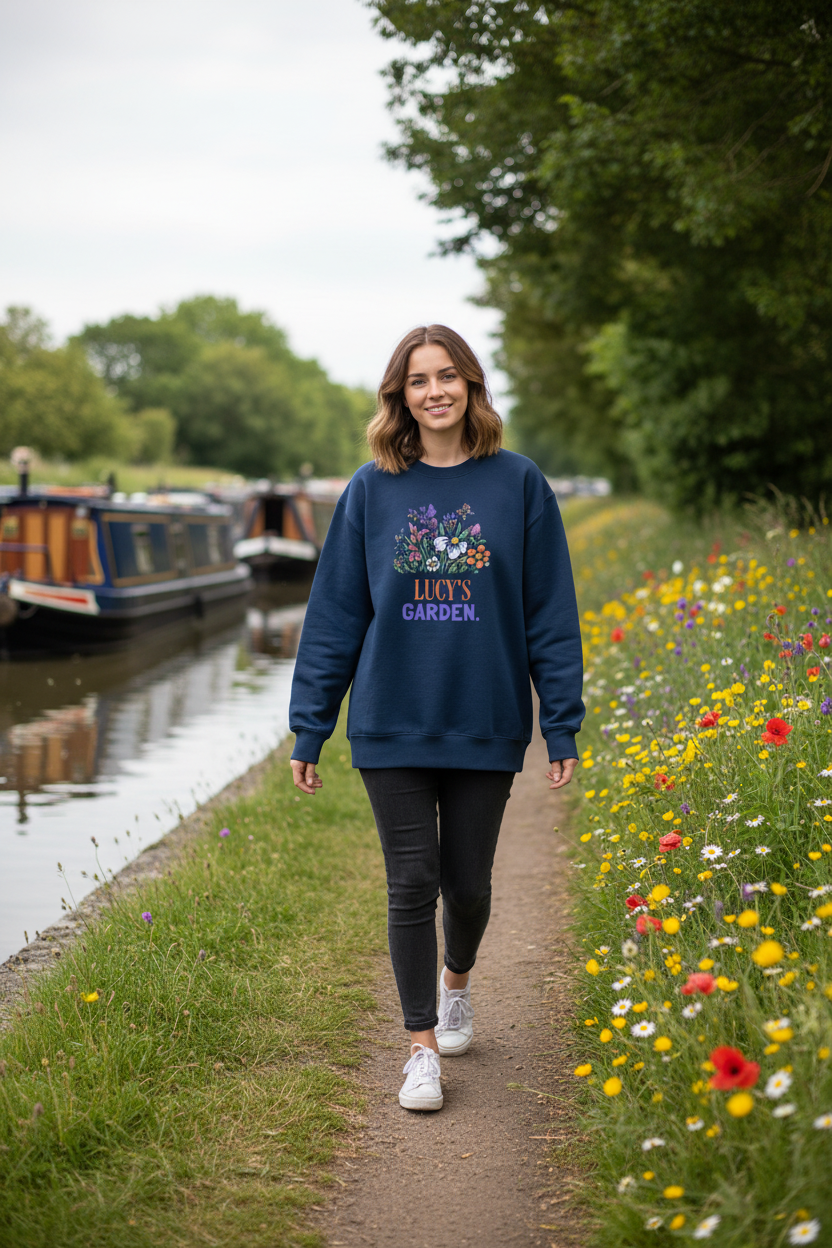 Navy crewneck sweatshirt with floral “Lucy's Garden” name print on front