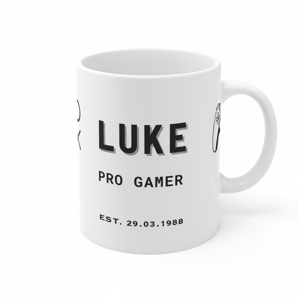 Personalised gamer mug with LUKE, PRO GAMER and EST 29.03.1988