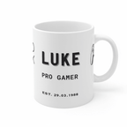 Personalised gamer mug with LUKE, PRO GAMER and EST 29.03.1988