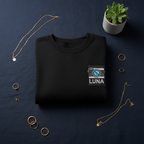 Black sweatshirt with embroidered camera patch and LUNA name