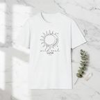 White graphic T-shirt with sun-and-moon emblem and 'wild soul Luna 2026'