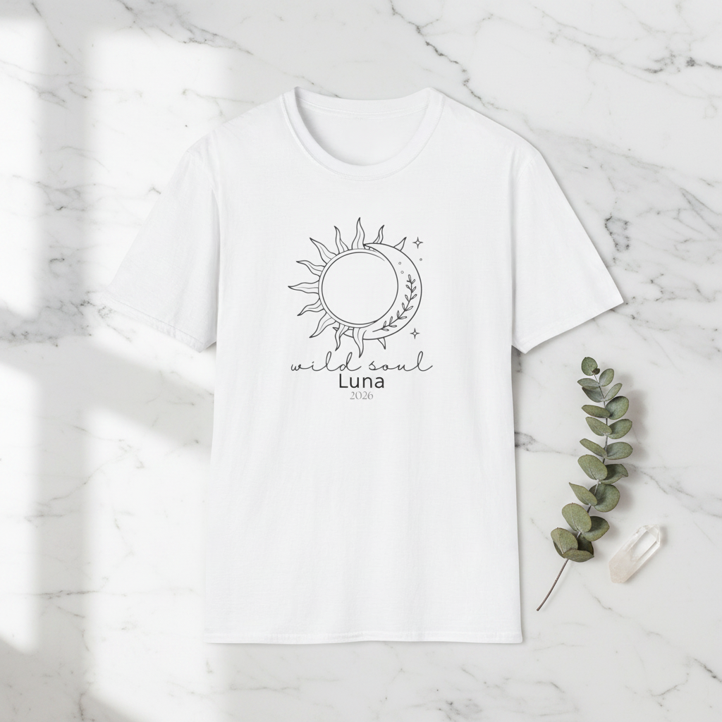 White graphic T-shirt with sun-and-moon emblem and 'wild soul Luna 2026'
