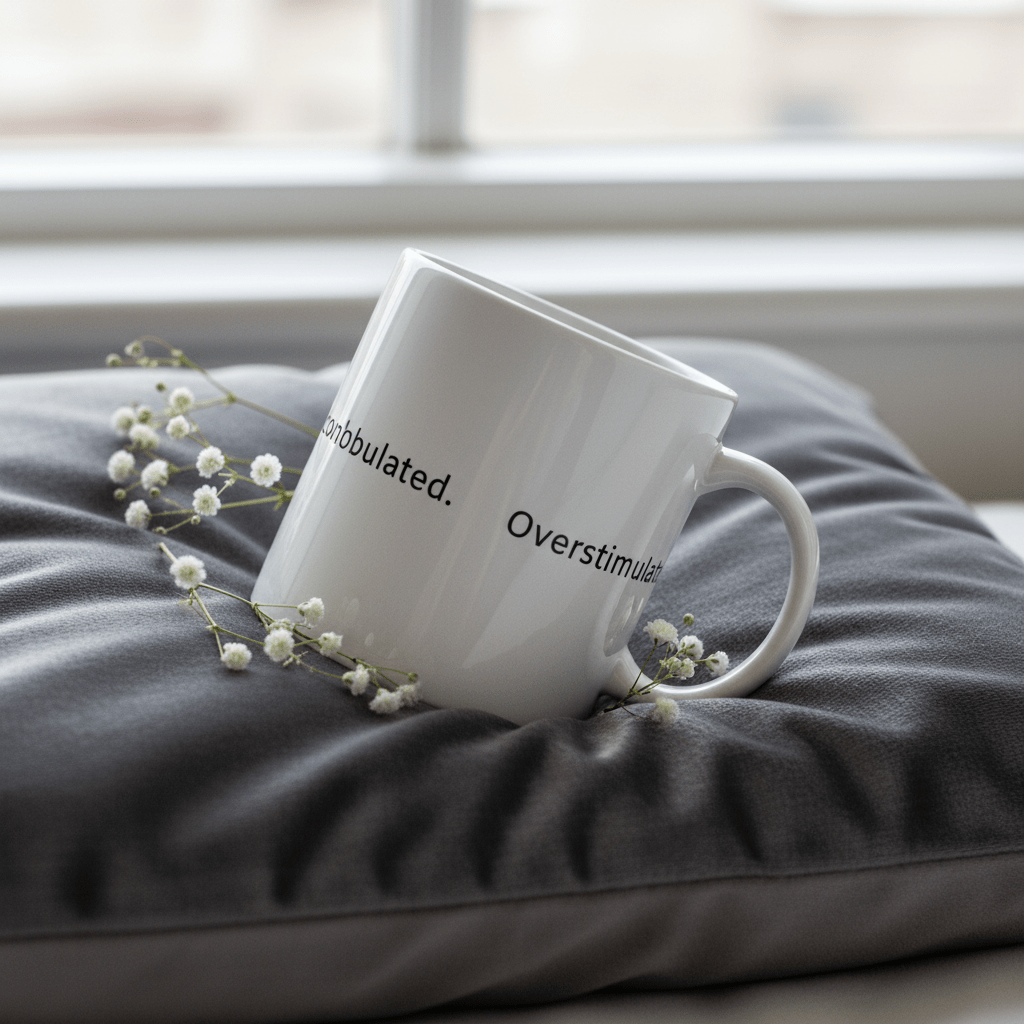 White ceramic mug tilted on dark fabric, printed text “overstimulated.”