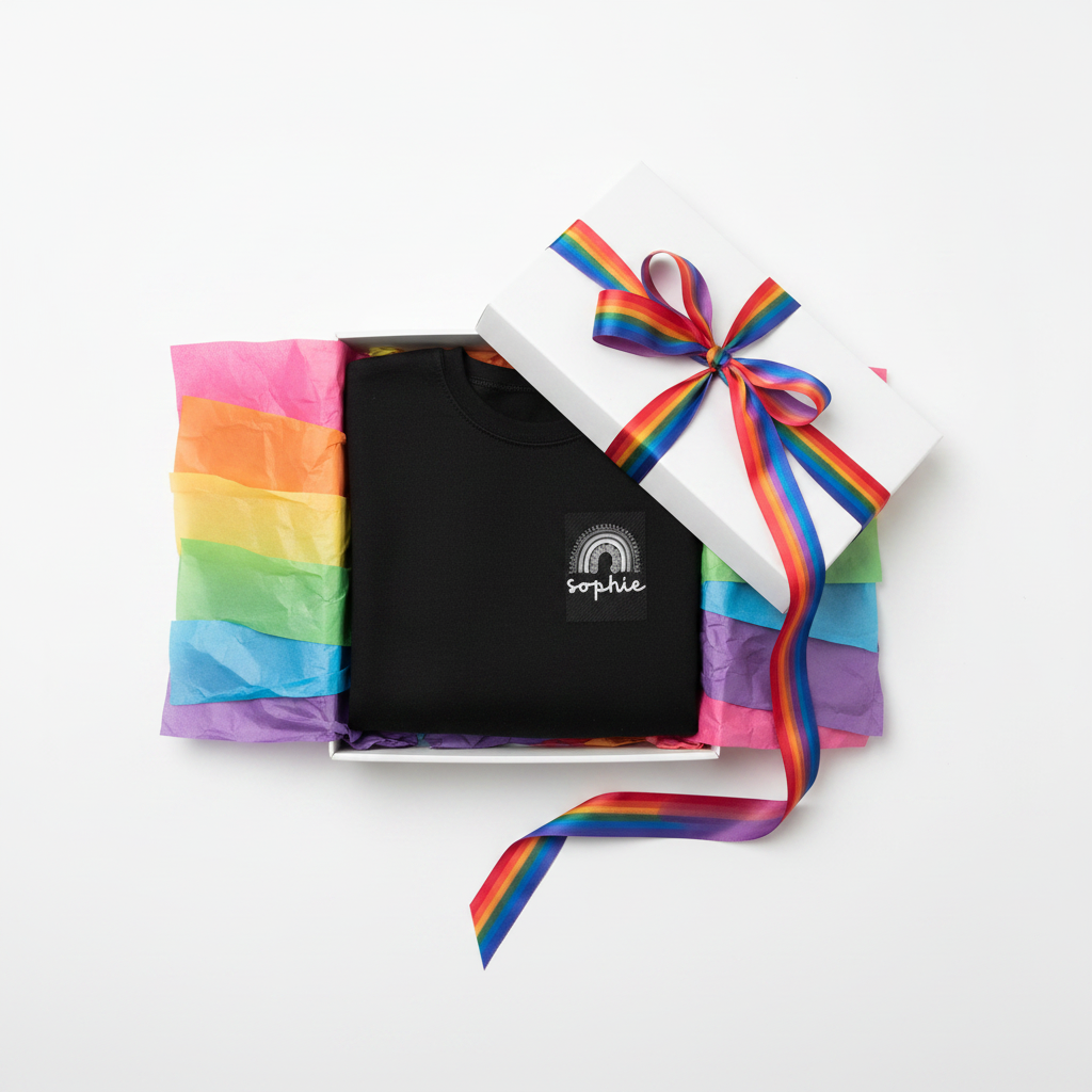 Black sweatshirt in gift box with embroidered name patch and rainbow bow