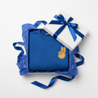 Royal blue crewneck sweatshirt with peace-sign hand embroidery