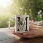 White mug with black letter M and floral outline, held in hand