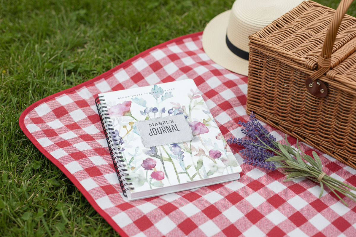 Mabel's personalised Bloom Where You Are Planted A5 floral journal lying flat on a red and white checked picnic blanket on a garden lawn with a wicker basket, straw sunhat and lavender in a British country garden