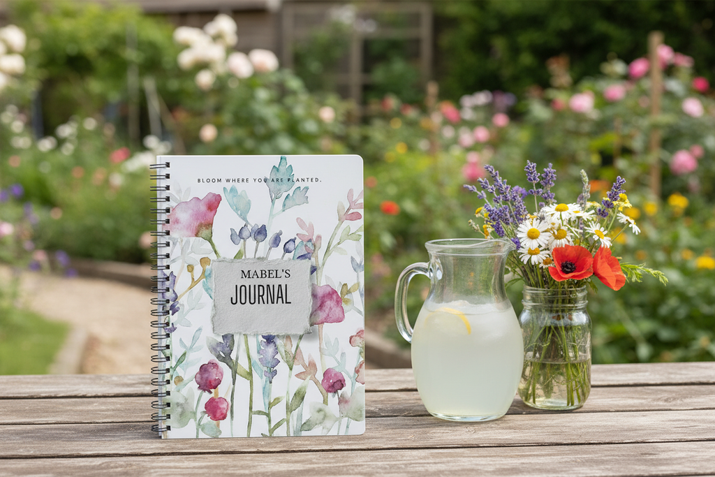 Mabel's personalised Bloom Where You Are Planted A5 floral journal standing upright on a wooden picnic table with a jug of lemonade and wildflowers in jam jars in a British country garden