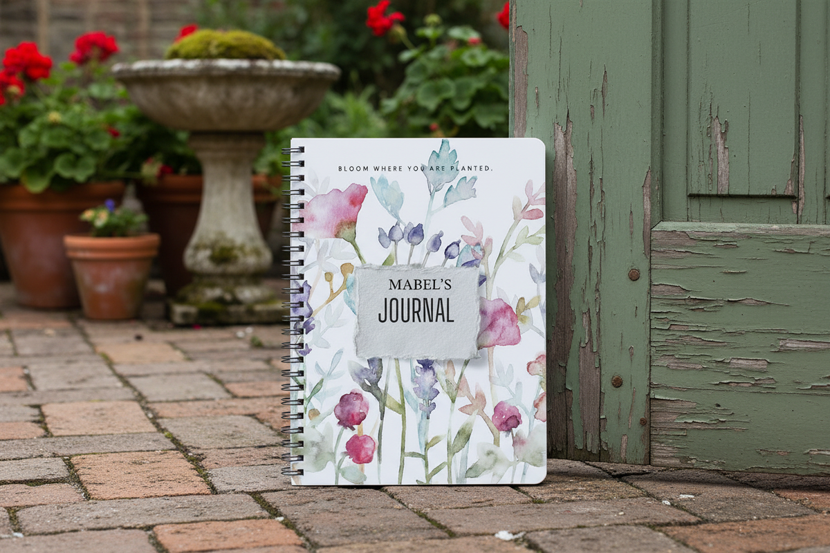 Mabel's personalised Bloom Where You Are Planted A5 floral journal standing upright on brick paving beside a weathered green garden door with terracotta geranium pots and a stone bird bath in a British cottage garden