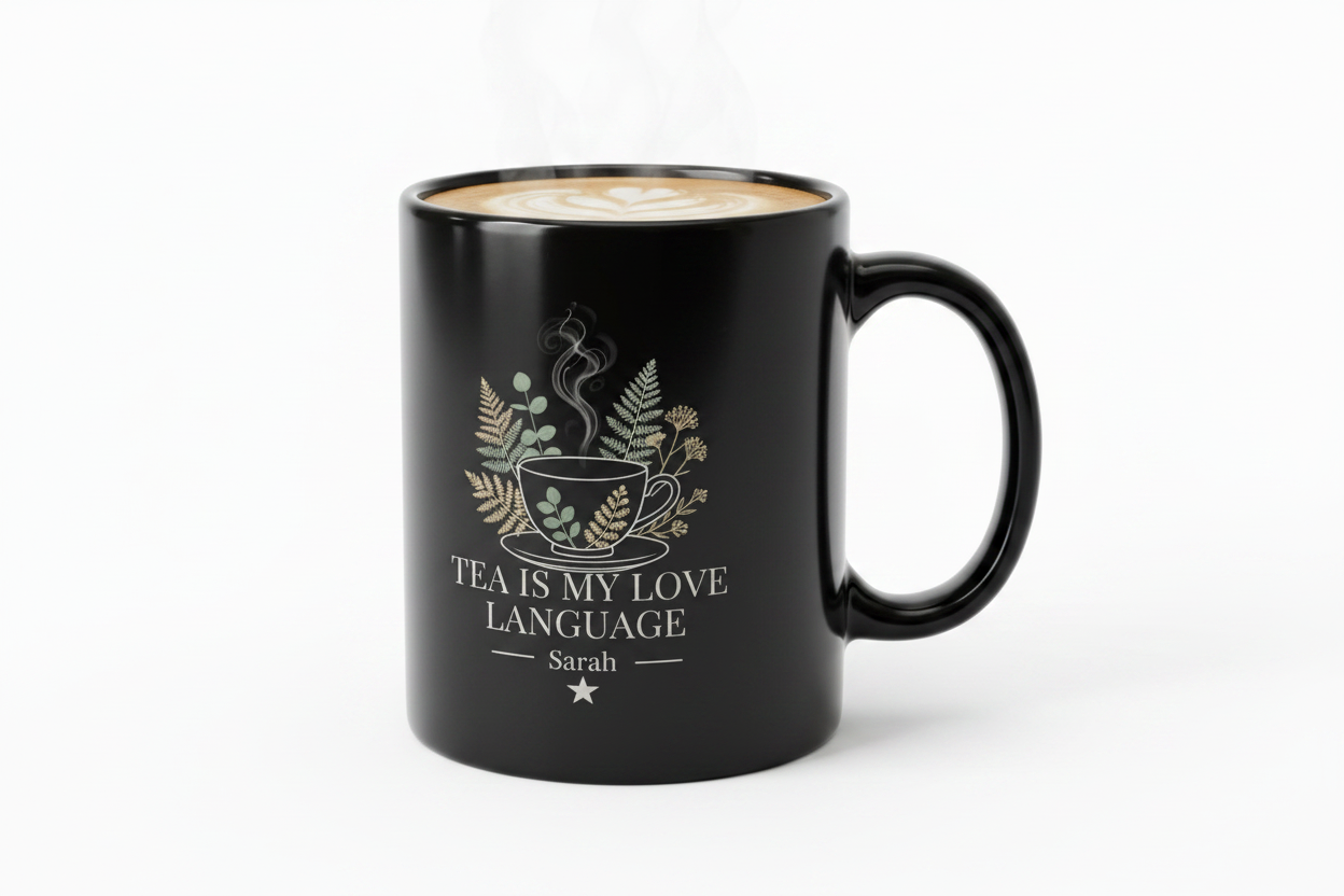 Personalized black tea mug with floral cup design, “Tea Is My Love Language” and name Sarah