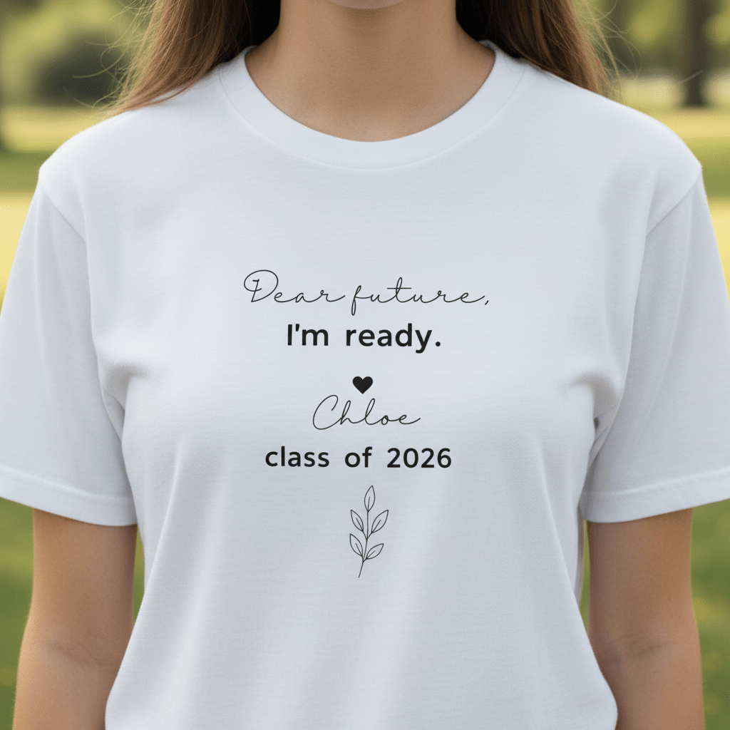 White graduation T-shirt with “Dear future, I’m ready” and “class of 2026” centered print