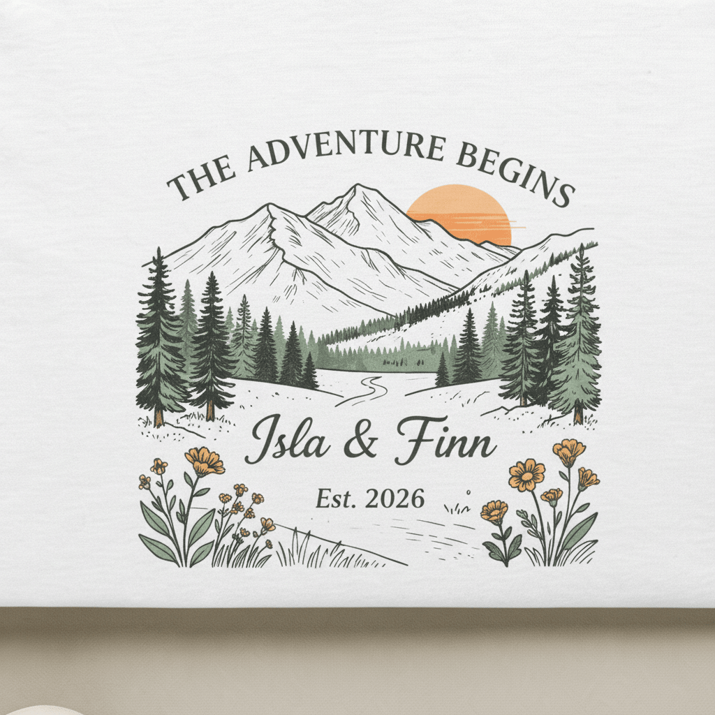 White T-shirt with mountain landscape graphic, floral border, and custom names