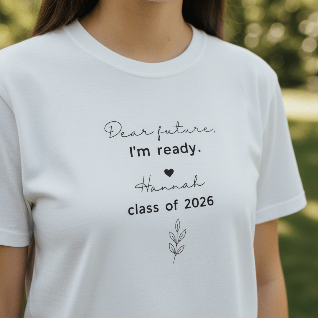 Light-colored graduation T-shirt with "Dear future, I'm ready" and "Class of 2026" text
