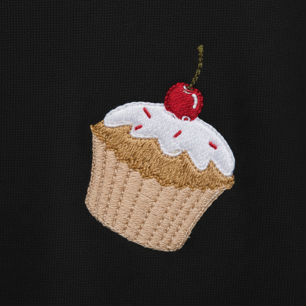 Embroidered cupcake motif on black sweatshirt fabric