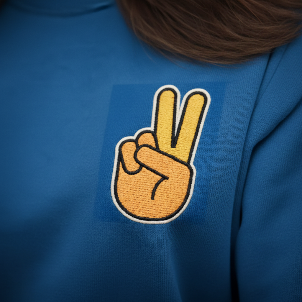 Embroidered peace sign hand detail on royal blue sweatshirt chest