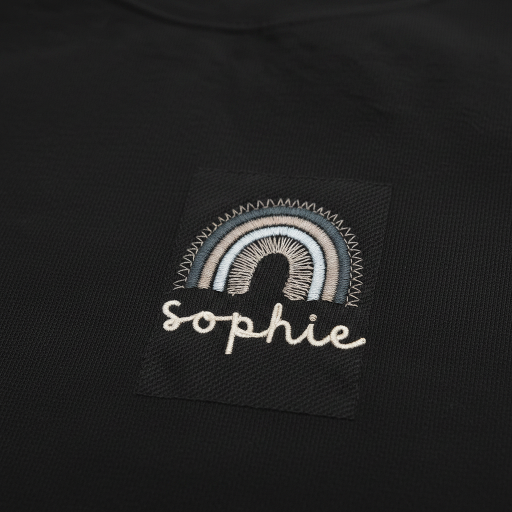 Close-up of black sweatshirt patch with embroidered rainbow arch and “sophie”