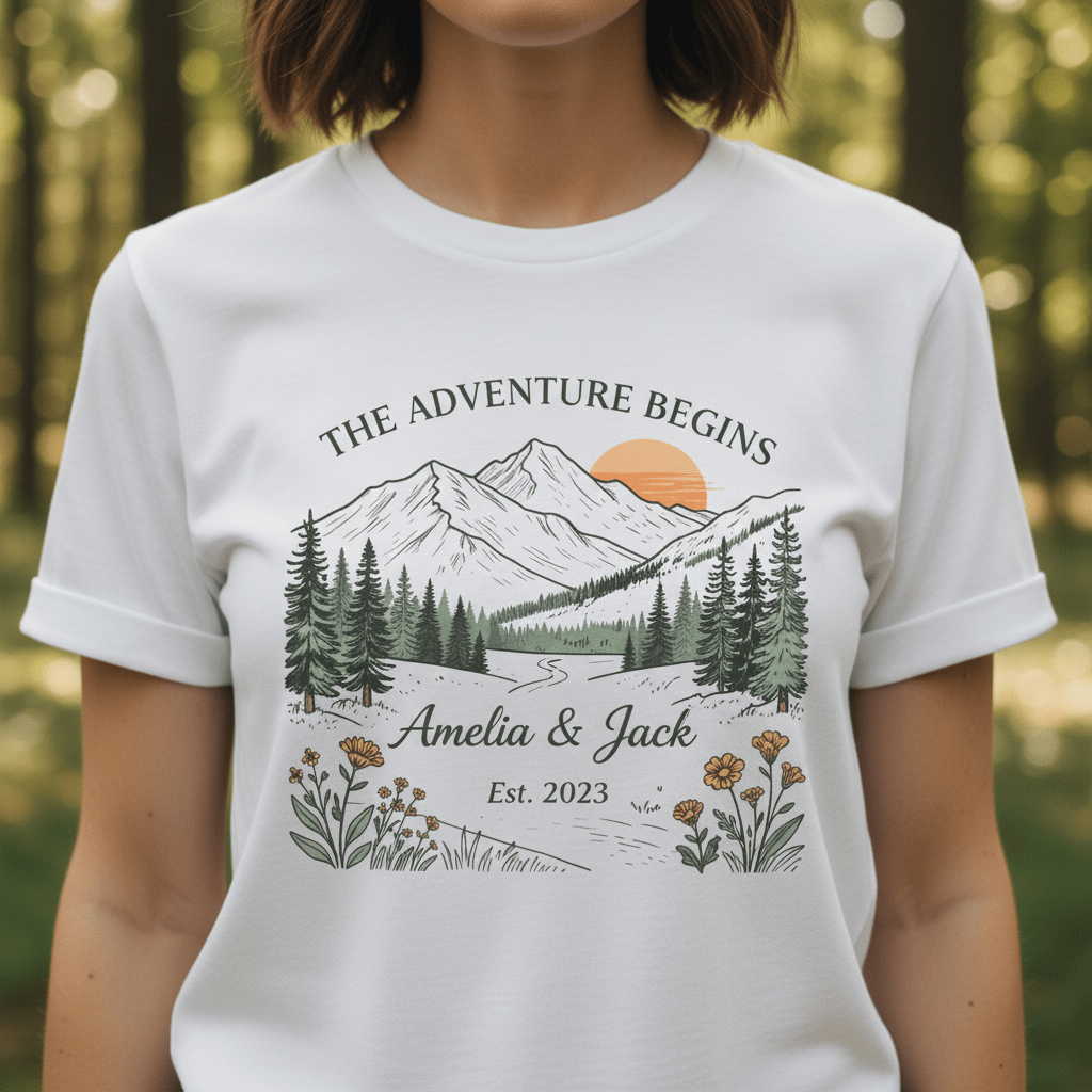 White T-shirt worn by model, mountain landscape graphic with floral custom names