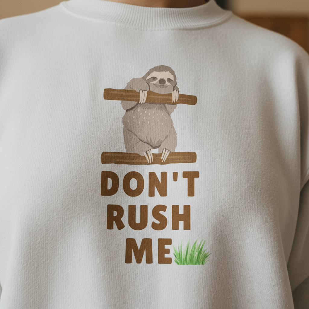 White sloth graphic sweatshirt close-up with “DON’T RUSH ME” text and green grass
