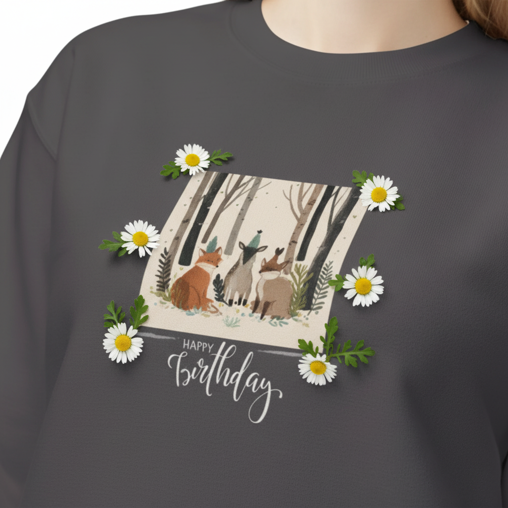 Charcoal woodland birthday animals sweatshirt close-up with daisy-framed forest animal graphic