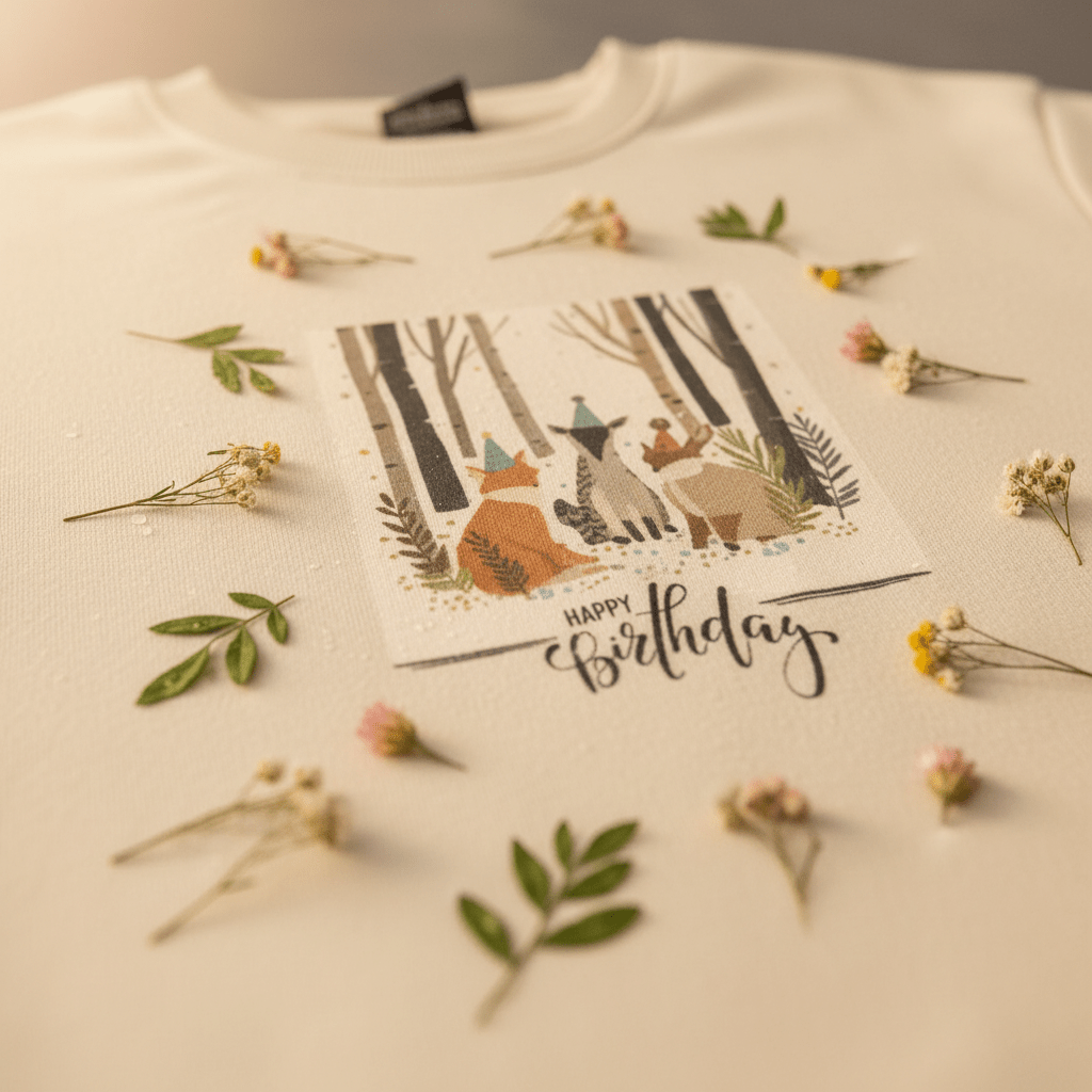 Cream sweatshirt front with woodland animals and Happy Birthday print