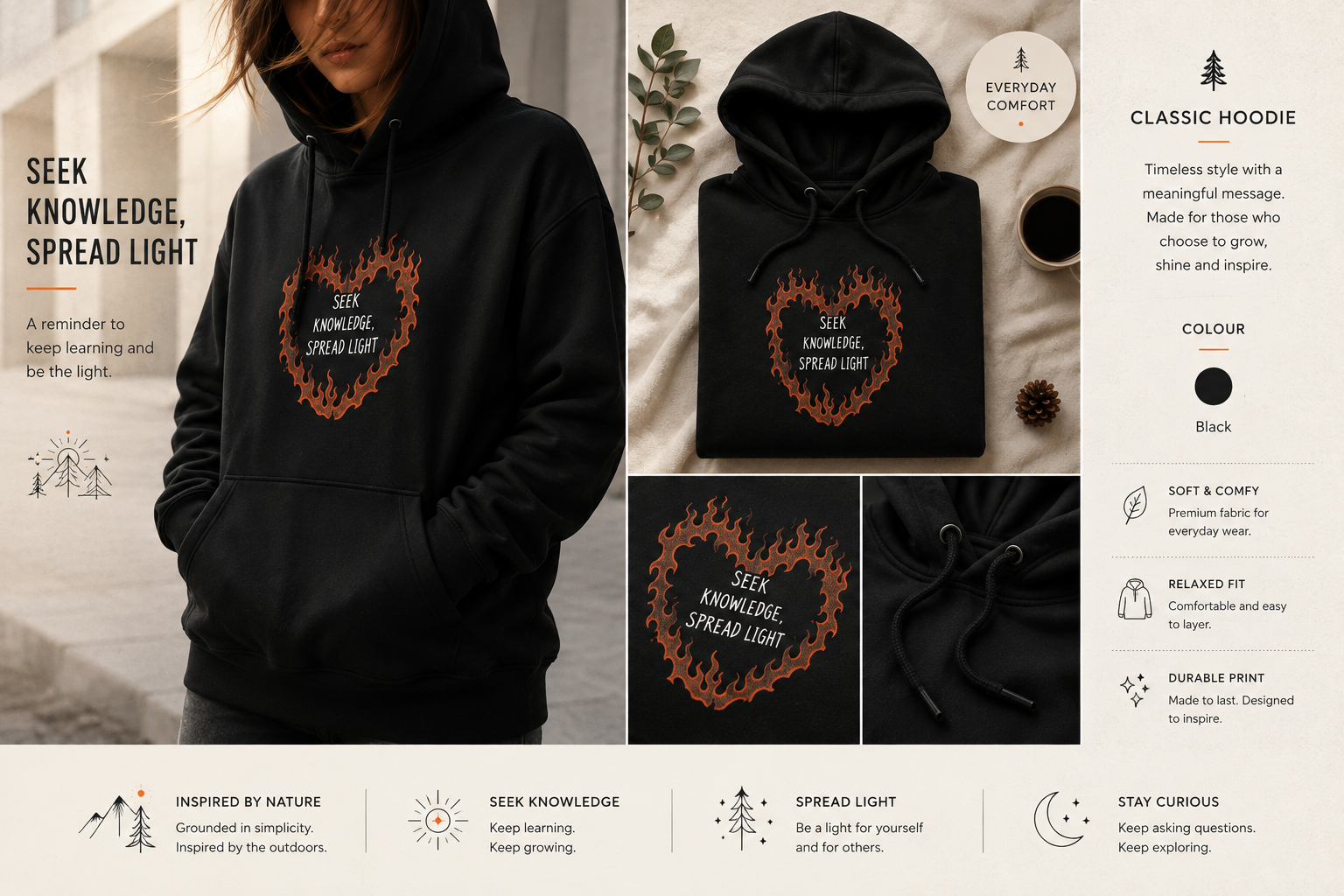 Black unisex hoodie with front pocket and “Seek knowledge” flame-style chest graphic