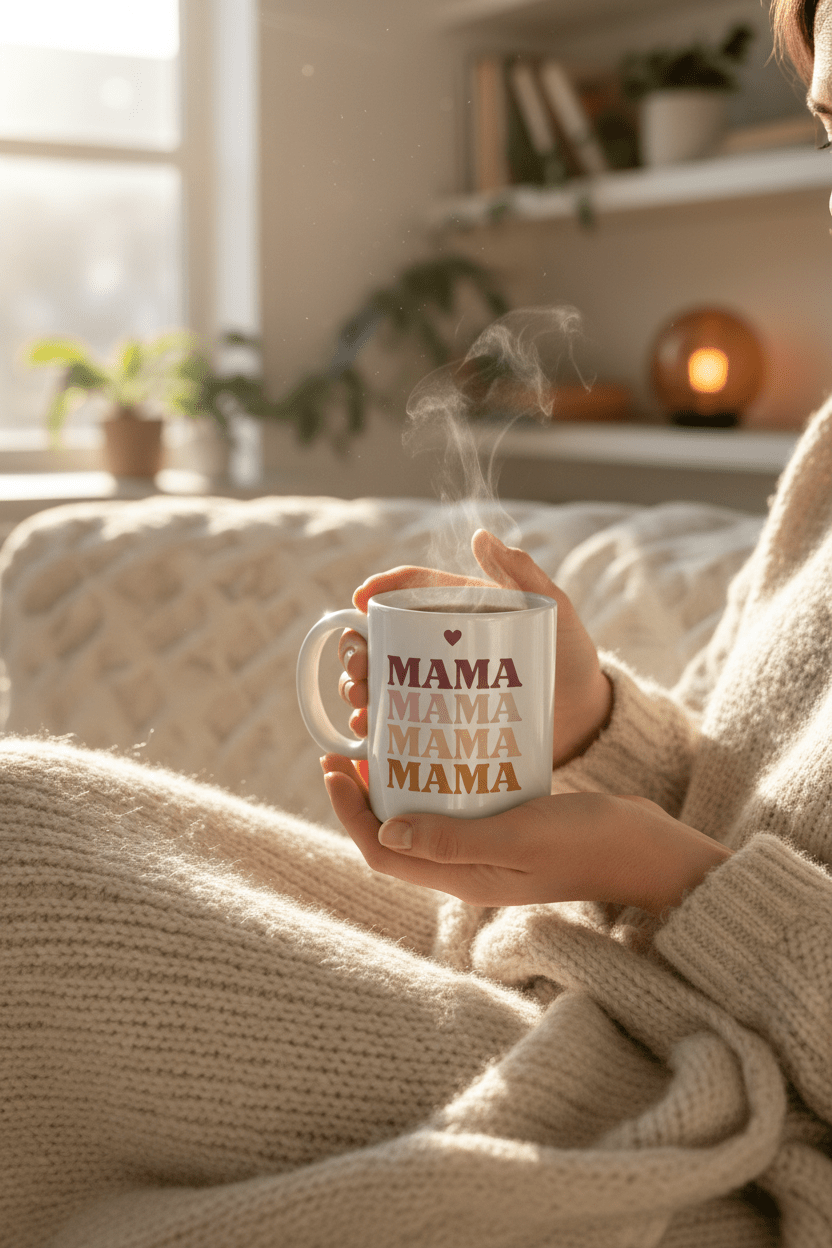 MAMA stacked lettering with small heart above, on white background