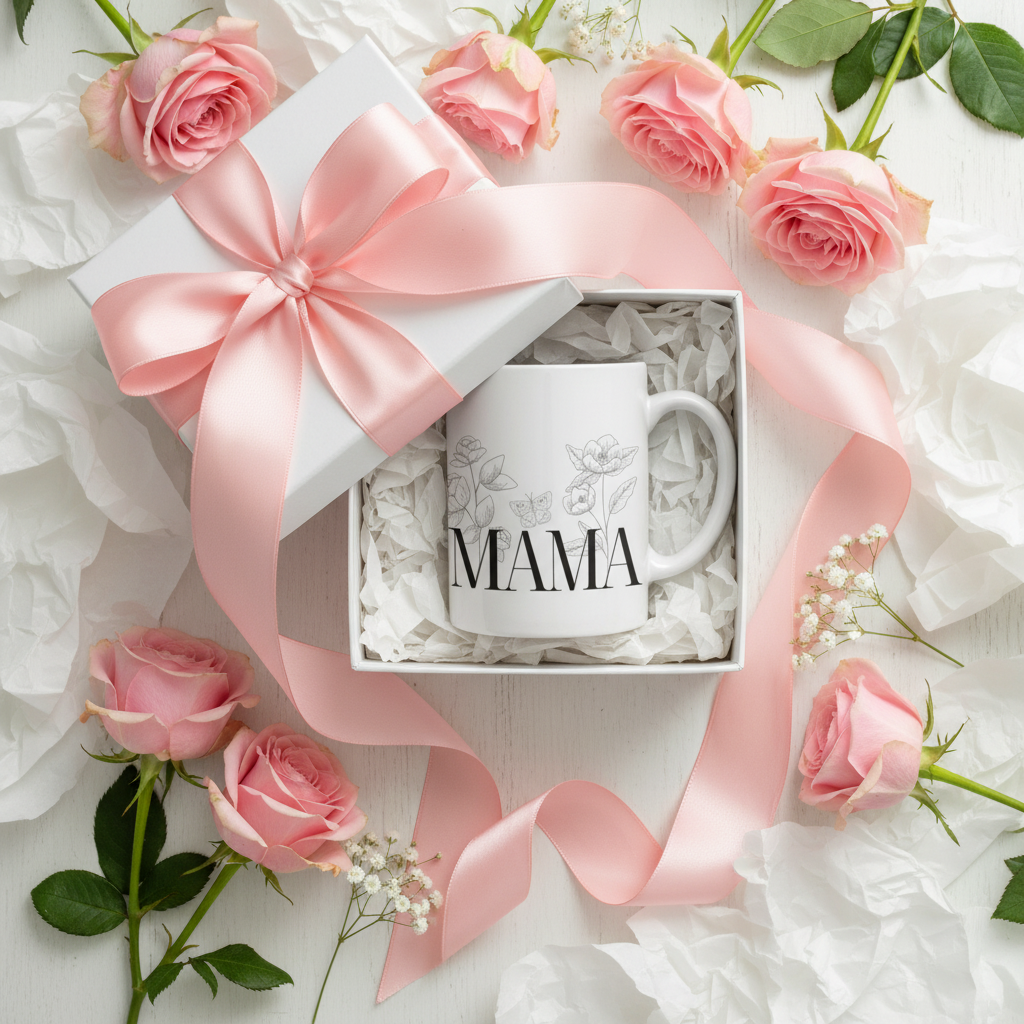 White ceramic coffee mug with 'MAMA' text in a gift box with pink ribbon