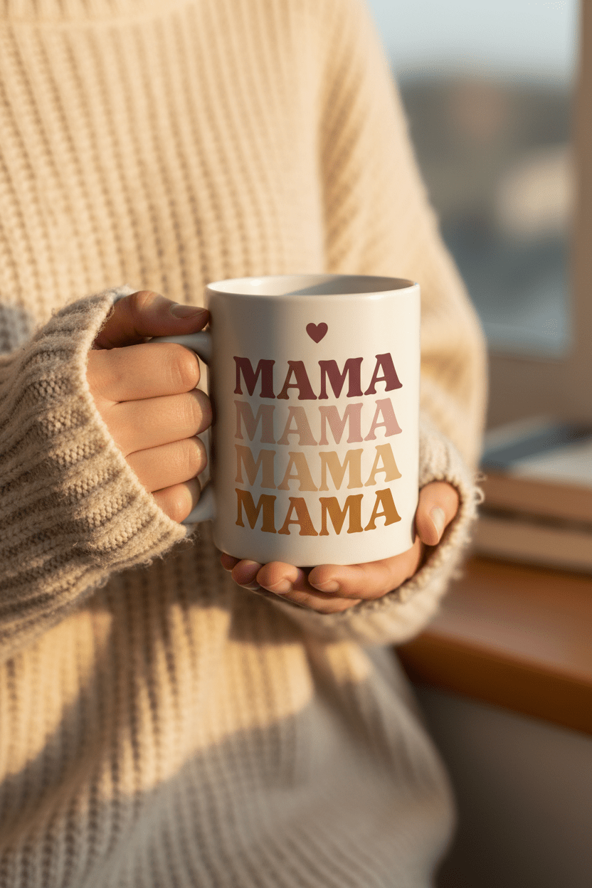 Personalised white mug with stacked “MAMA” text and a small heart on the front.