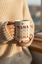 Personalised white mug with stacked “MAMA” text and a small heart on the front.