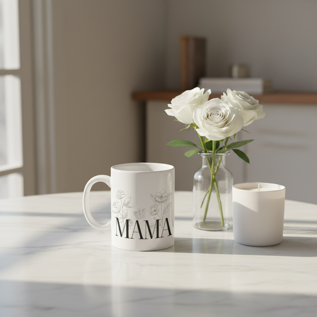 White ceramic coffee mug with floral line art and 'MAMA' on a table