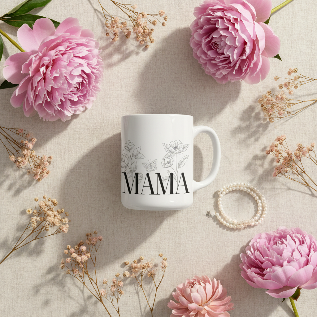 White ceramic coffee mug with floral line art and 'MAMA' text
