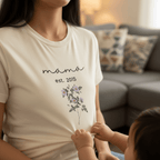 Cream T-shirt with 'mama est. 2015' and small floral bouquet print