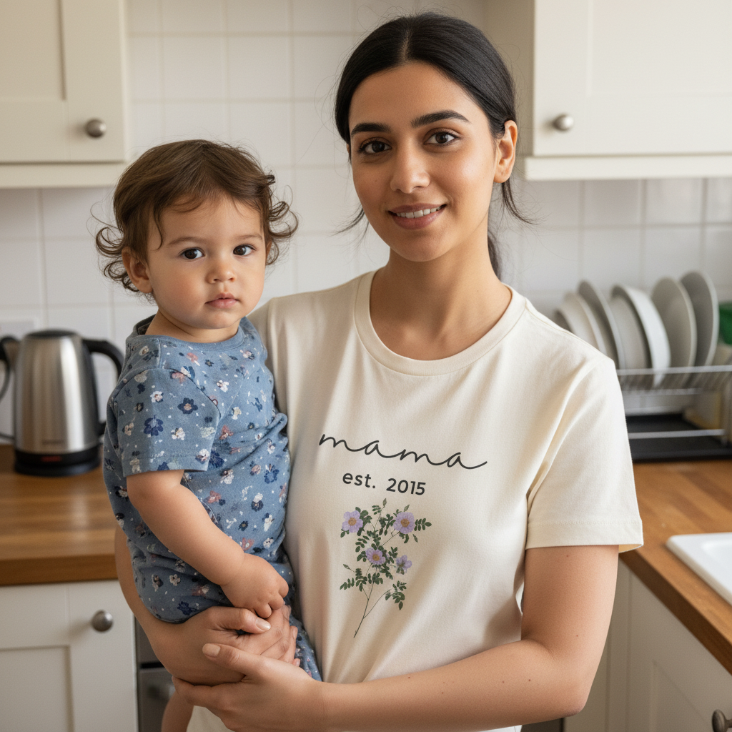 Cream floral graphic T-shirt with 'mama est. 2015' text and bouquet