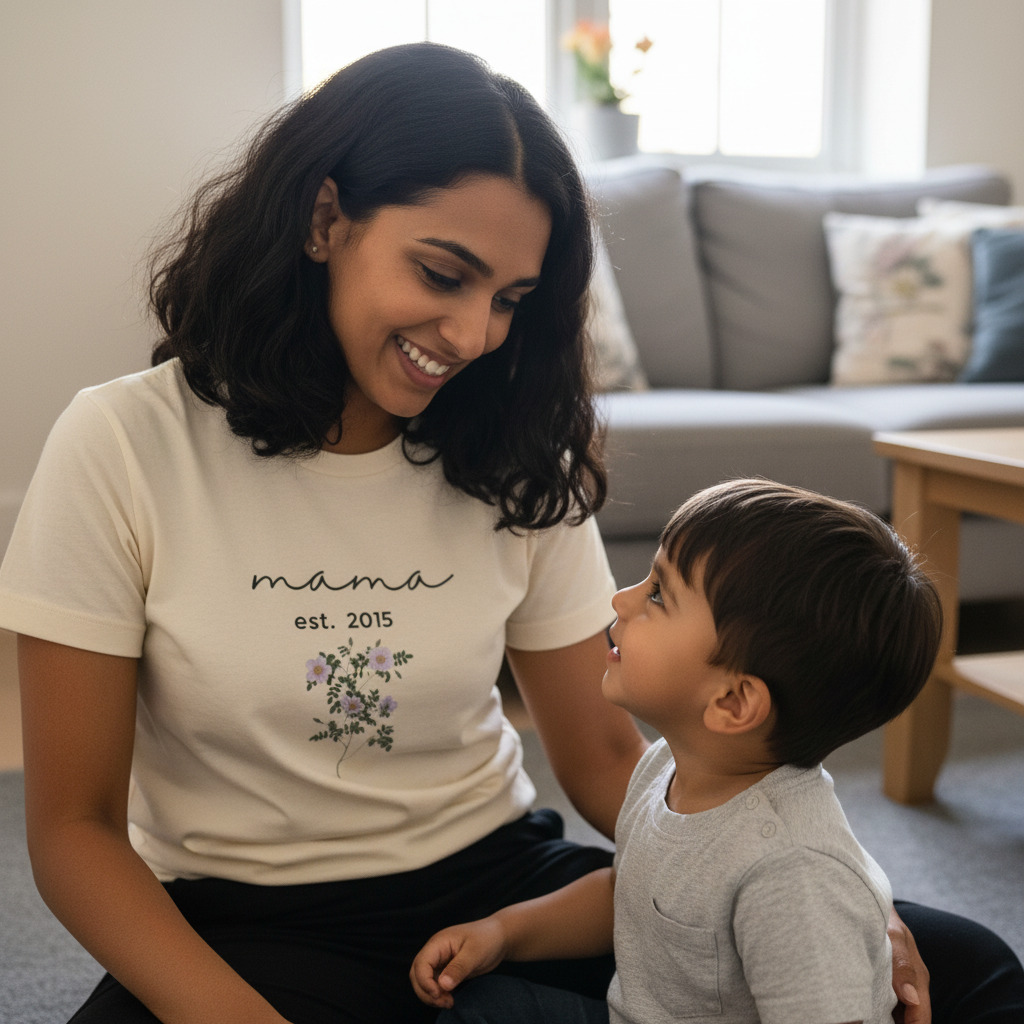 Cream floral graphic T-shirt with 'mama est. 2015' and small flowers
