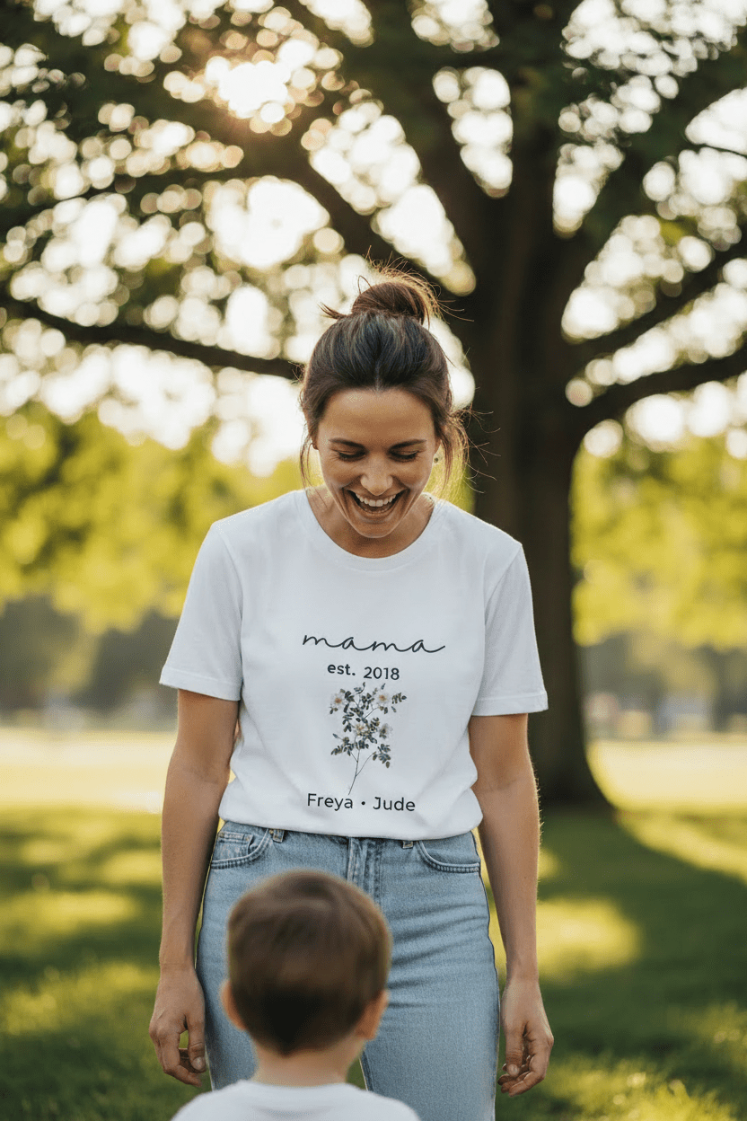White T-shirt with “mama est. 2018” script, floral bouquet graphic, and “Freya • Jude” text